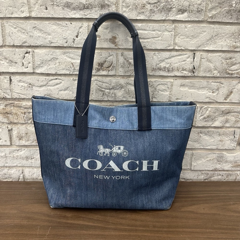 COACH 91131 Denim Tote Bag Large Storage Blue Navy Shoulder Purse Hangtag Logo